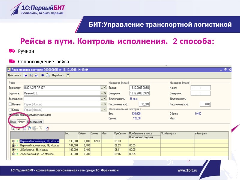 Рейсы в пути. Контроль исполнения.  2 способа: Ручной  Сопровождение рейса